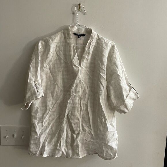 APNY Ivory 100% Linen Short Sleeve Top Check L Womens Old Money Classic Preppy - Picture 3 of 9